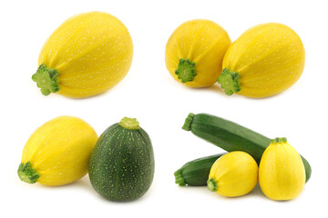 yellow and green zucchini's (Cucurbita pepo) on a white background