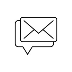 Chat bubble mail icon in flat black line style, isolated on white background 