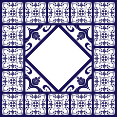 Tile frame vector. Border ceramic pattern. White and blue majolica ornament design. Traditional Mexico talavera; Portuguese azulejos; Italian venetian or Sicily mosaic print; Spain motifs. - 423730992
