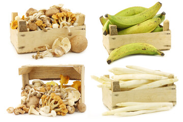 Fresh assorted cooking vegetables in a small wooden box on a white background