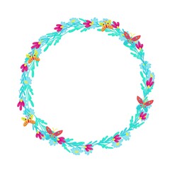 Fototapeta na wymiar Round frame of daisies decorated with butterflies, vector floral arrangement with spring flowers, cartoon style, hand draw.