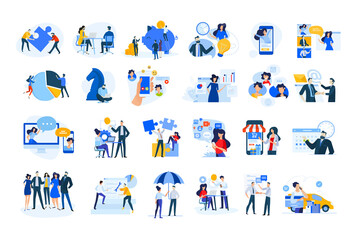 Set of modern flat design people icons of finance and banking, business strategy and planning, ecommerce and delivery, vodeo calling, online meeting, teamwork, digital marketing, consulting, startup