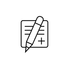 Pencil writing message icon in flat black line style, isolated on white background 