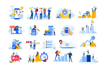 Set of modern flat design people icons. Vector illustration concepts of investment, business success, social network, Internet advertising, finance, live streaming, communication, star rating.   - obrazy, fototapety, plakaty