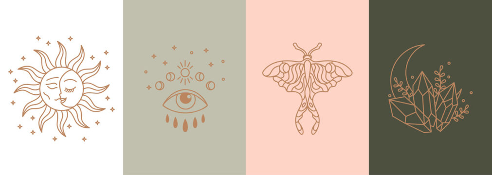 Set of Witch and Magic Collection in Boho style. Moon,sun, crystals,moon moth,eye,insect. Esoteric and bohemian mysterious objects in linear style