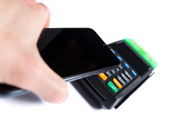 Pay with no card. Smartphone payment isolated on a white.