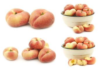  fresh colorful flat peaches (donut peaches) and some in an enamel bowl on a white background