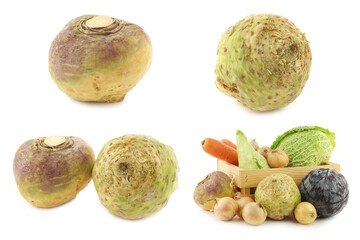 collection of fresh winter vegetables and some in a wooden crate on a white background