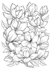 Coloring page with magnolia and leaves. Vector page for coloring. Flower Colouring page. Outline magnolia . Black and white page for coloring book. Anti-stress coloring. Line art flowers 	
