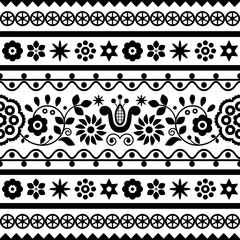 Polish folk art vector seamless embroidery retro pattern with flowers inspired by embroidery designs Lachy Sadeckie - black and white textile or fabric print ornament
