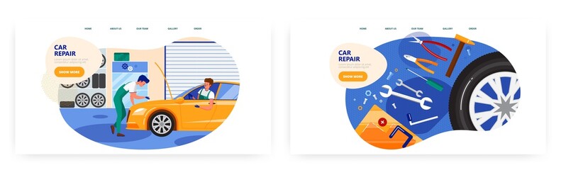 Car repair landing page design, website banner vector template set. Auto parts replacement. Car maintenance service.