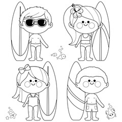 Children surfers with surfing boards. Vector black and white coloring page.