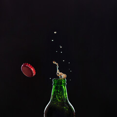 Splash of drink from green bottle on black background