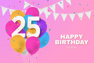 Happy 25th birthday balloons greeting card background. 25 years anniversary. 25th celebrating with confetti. Illustration stock