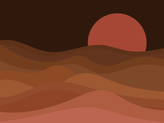 Wavy landscape in a minimalistic style. Sunset landscape with hills. Red sun. Boho decor for prints, posters and interior design. Mid Century modern decor. Trend style. Vector illustration