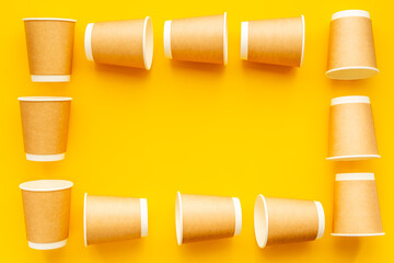 Paper cups pattern. Take away coffee or tea cups, top view