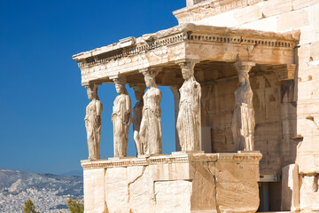 View on ancient temple Erechteion in Acropolis close up, Athens, Greece