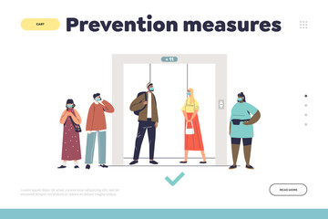 Fototapeta premium Covid-19 prevention measures landing page with people keep social distance waiting for elevator