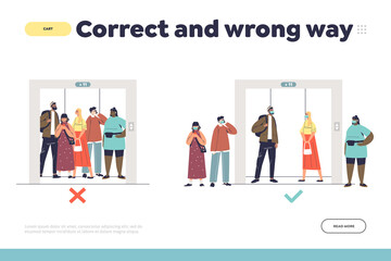 Elevators new normal correct and wrong way of transportation landing page concept