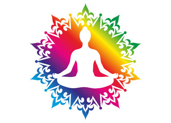 strahlend buntes Yoga Mandala mit Silhouette