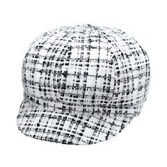 Women's cap with a visor, made of white and black wool yarn of the highest quality, isolated on a white background. 