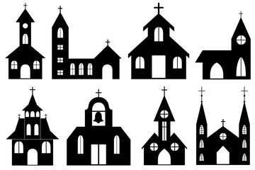 Set of different orthodox and catholic curches isolated on white