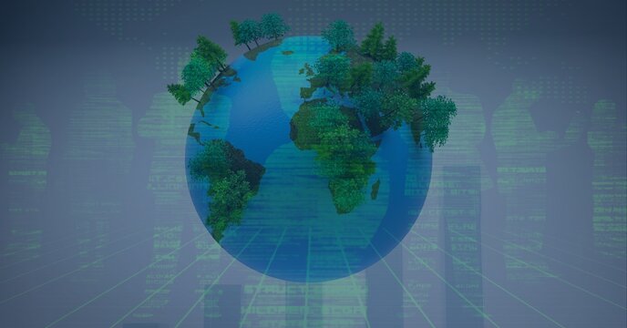 Composition of people's silhouettes and data processing over globe with trees - Powered by Adobe