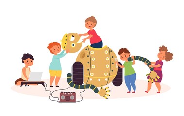 Robotics. Children coding robot, child technology school education. Modern lesson, team programming toy on computer decent vector concept