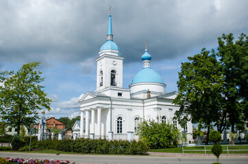 Fototapeta na wymiar Ludza orthodox church, white and blue color, Latvia
