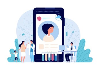 Electronic healthcare. Patient health record, doctor helping people. Ehr, computer medical personal profile or prescription utter vector concept