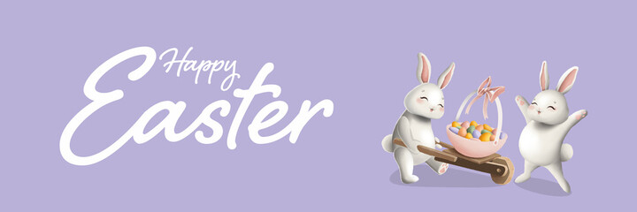 Easter banner, flyer, poster. White Easter bunnies hunted for eggs. Happy easter. White bunnies are carrying a basket of Easter eggs.
