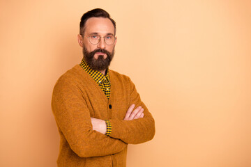 Profile photo of half turned person folded hands look camera wear plaid shirt isolated on beige color background