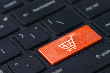White Trolley or shopping cart icon print screen on Orange button computer keyboard , Shopping...
