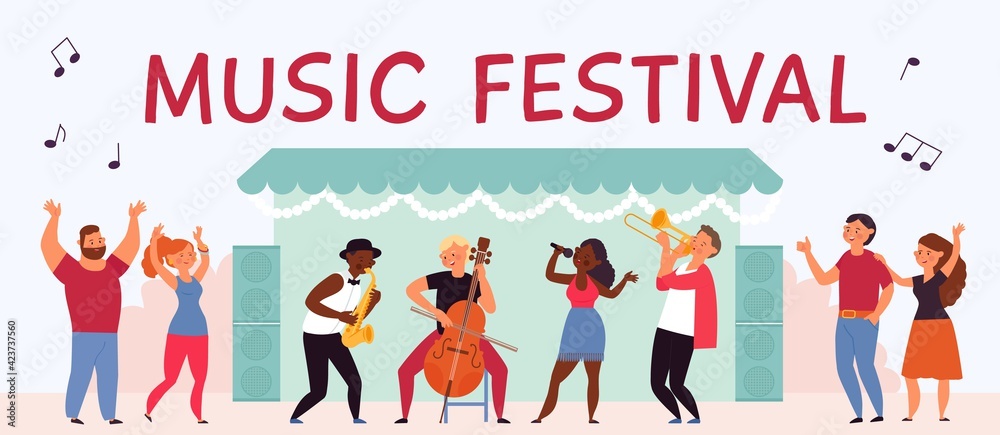 Sticker Music festival banner. Summer young people, vocal outdoor party. Modern happy musicians, flat park open air fest or concept decent vector concept