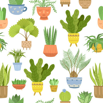 House plant pattern. Interior plants background, abstract scandinavian potted flowers. Succulent and cacti, urban jungle exact vector seamless texture