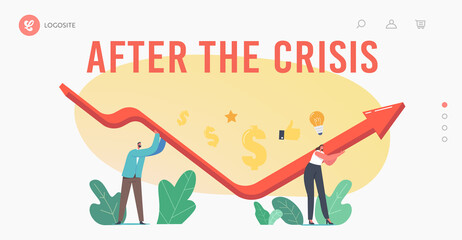 Economic Recovery, Revival after Crisis Landing Page Template. Business Characters Rising Up V Shaped Arrow Graph