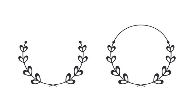 Frame template. Wreath. Round frame with vine. Hand drawn floral wreaths. Vector hand drawn design element. Wreath with heart. Leaf wreath. Logo template. Plant frame. Flowers frame. Round border. 
