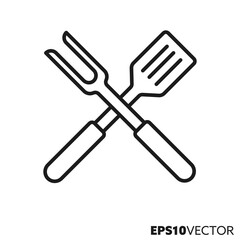 Crossed barbecue utensils line icon. Outline symbol of BBQ and grilling equipment. Spatual and fork flat vector illustration.