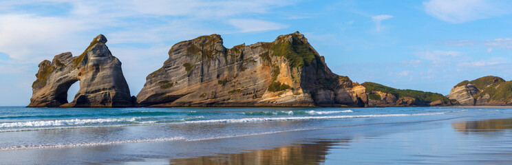 Wharariki Beach and Archway Islands panoramic view, Golden Bay,  New Zealand