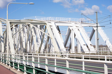 Closeup of a steel frame of a bridge on the river Ijssel in Westervoort in the Netherlands