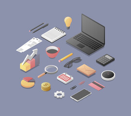 Office work design elements  kit. Business isometric icons. Vector illustration. Isolated. 