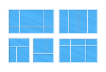 Set of windows with blue glass isolated on white background. White frame and different shapes. Vector illustration.
