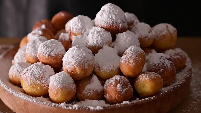 Baked castagnole with powdered sugar on a plate on a wooden table. Traditional sweet pastries during the carnival period in italy. Biscuits with sugar for carnival of Venice. 
