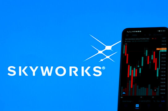 In this photo illustration the stock market information of Skyworks Solutions, Inc. seen displayed on a smartphone with the Skyworks Solutions, Inc. logo in the background.