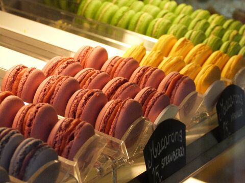 colorful macarons in a bakery shop close up