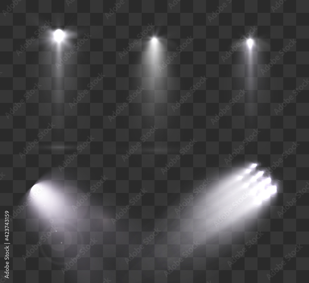 Poster Spotlights set isolated on transparent background. Vector glowing light effect with golden rays and lens flares.	