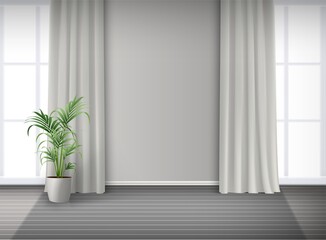 3d realistic vector room interior with two big windows with light and curtains and potted plant on the floor.