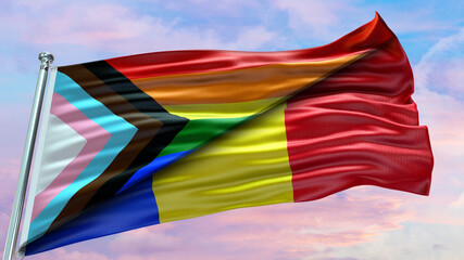 Fototapeta na wymiar Romania Flag and New LGBT Rainbow Flag waving with texture Pink sky could Double flag