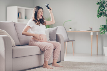 Full size photo of young beautiful excited crazy happy positive smiling pregnant woman play playstation winning at home