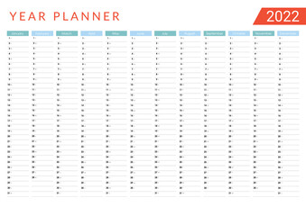 2022 Yearly planner. Wall calendar design template. Horizontal annual worldwide printable planner. Blue. white.red. Vector